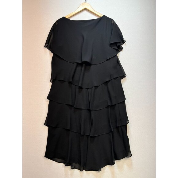 SLNY Womens Tiered Capelet Chiffon Dress Large Black Party Flutter Sleeve Midi - Picture 10 of 12